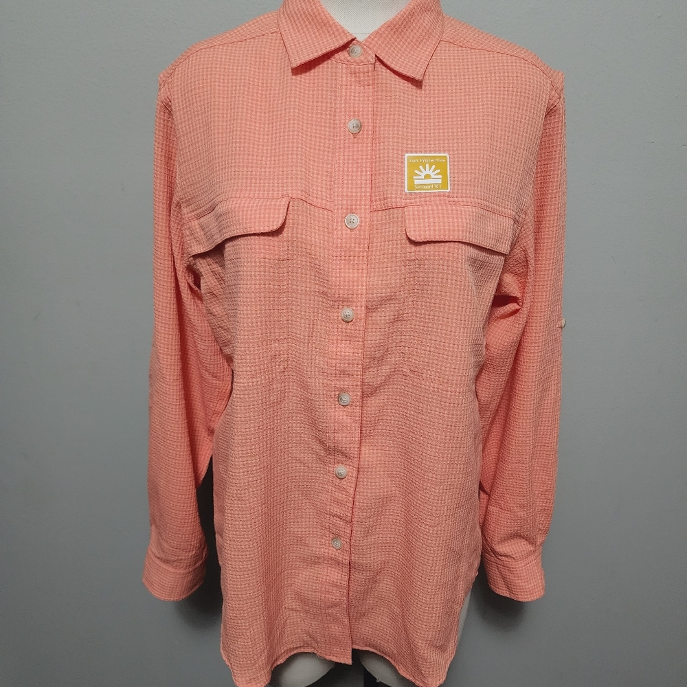 Exofficio coral checkered 30+ upf button down size medium